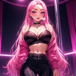 big_ass big_breasts big_breasts big_butt blush breath female female_only girl hot_breath lingerie piercings pink_eyes pink_hair slim_waist slut stripper stripper_pole thick_thighs