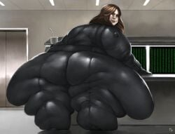 1boy ass bodysuit breasts brown_eyes brown_hair fat feet female foreshortening from_behind from_below glasses huge_breasts indoors lips long_hair looking_at_viewer looking_back male muscles obese pov_feet signature sitting smile soles solo thighs toes