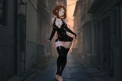 1girls ai_generated areola_slip bakedcookie barefoot black_dress black_gloves black_legwear blush bodycon bridal_gauntlets brown_hair dark_areola dress_pull elbow_gloves female highres latex latex_clothing latex_gloves latex_legwear latex_stockings latex_thighhighs looking_at_viewer my_hero_academia ochako_uraraka prostitute prostitution skirt_pull smile smiling smiling_at_viewer stirrup_legwear toeless_footwear toeless_legwear toes uncensored