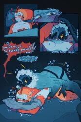 anthro astro_(dandy's_world) blowjob blue_skin dandy's_world freaky_pipi male/male masturbating_while_penetrated masturbation multi_arm pegging roblox shrimpo_(dandy's_world) somnophilia transgender under_covers