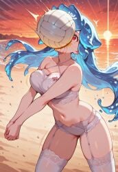 1girls ai_generated bao bao_(vtuber) beach blue_hair choker civitai covered_nipples criss-cross_halter female female_focus female_only god_rays hylian_r34 lingerie lingerie_only liquid_hair long_hair outdoors red_eyes sunset tagme very_long_hair virtual_youtuber volleyball volleyball_(ball) vtuber white_choker white_lingerie