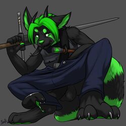 balls claws clothing demon horn male mammal melee_weapon pants pawpads paws red_panda seph491 simple_background snake_penis snake_tongue swizzlestix sword tongue tongue_out vest weapon