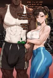 1boy 1girls abs ai_assisted ai_generated aipotions asian asian_bimbo asian_female asian_milf athletic athletic_female bimbo breasts brown_eyes brown_hair brunette_hair bulge bulge_through_clothing capcom cheating chinese chinese_female chun-li chun-li_(street_fighter_6) curvy curvy_body curvy_female curvy_figure dark-skinned_male dark_skin dialogue english_text eyeshadow female gym hairbun huge_ass huge_breasts huge_cock interracial interracial_sex leggings light-skinned_female light_skin male male/female mature_female milf muscular muscular_male netorare nipple_bulge ntr pale-skinned_female pale_skin skin_contrast slim_waist street_fighter street_fighter_6 taller_male tank_top text thick_ass thick_thighs thunder_thighs twin_buns very_dark_skin wide_hips