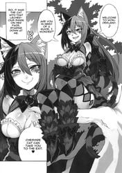 1girls ahe_gao cat_ears cat_girl cheshire_cat cheshire_cat's_welcome_to_wonderland cheshire_cat_(monster_girl_encyclopedia) comic doujin english_text grin mind_break monochrome monster_girl_encyclopedia tagme text