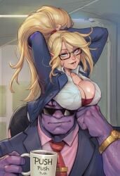 1boy 1girls ai_generated areola_peek ass big_ass blonde_hair blue_eyes breasts breasts_on_head child_bearing_hips cleavage cleavage_cutout cleavage_overflow coffee_mug corporate_mundo curvaceous curvaceous_ass curvaceous_body curvaceous_female curvaceous_figure curvaceous_hips curvaceous_thighs curvy curvy_ass curvy_body curvy_female curvy_figure curvy_hips curvy_thighs female forecast_janna glasses janna_windforce jarvanai large_ass large_breasts league_of_legends looking_at_viewer male mundo_(league_of_legends) office office_clothing riot_games suit sunglasses thick thick_ass thick_butt thick_hips thick_legs tied_hair voluptuous voluptuous_female waifu