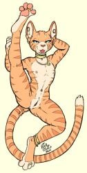 1boy abs animal_ears animal_print arms_up bell blue_eyes blush cat_ears cat_tail collar erection fangs feline full_body furry jewelry looking_at_viewer lying male_focus navel nipples nude oerba_yun_fang on_back open_mouth pussy rick_griffin sex_toy simple_background smile solo spread_legs stretch tail thick_thighs tiger tiger_tail uncensored