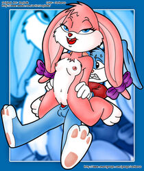 anthro babs_bunny balls blue_eyes breasts buster_bunny female lagomorph male mammal open_mouth penis pussy rabbit raylude teeth tiny_toon_adventures url wwoec young zoom_layer