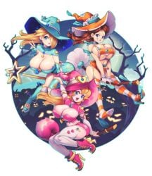 3girls bare_shoulders blonde_hair bloomers blue_eyes boots breasts broom brown_hair cape cleavage corset crown dress earrings elbow_gloves food gloves hair_over_one_eye halloween hat high_heel_boots high_heels huge_breasts jewelry large_breasts lips long_hair looking_at_viewer mole multiple_girls open_mouth orange_hair pantyhose pink_hair princess_daisy princess_peach princess_rosalina rating_questionable rating_safe red_hair short_hair smile star_earrings star_symbol strapless_dress striped striped_legwear thighhighs thighs underwear wand weapon witch witch_hat