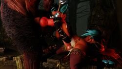 3d_(artwork) absurd_res anthro blue_devil bodily_fluids cryptid digital_media_(artwork) duo fallout genital_fluids genitals handjob hi_res horn lagomorph male male/male mammal microsoft mythology outside penile penis precum sany_van_fox sanythefox sex size_difference wings wolpertinger