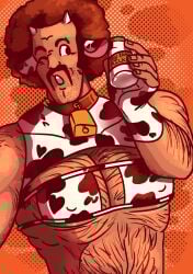 1boy bara beard bell bell_collar bikini collar cow_ears cow_horns cow_print_bikini cowbell cowkini dark-skinned_male dark_skin dragon_ball hairy hairy_arms hairy_chest hairy_male human male male_only milk_bottle mr._satan muscular muscular_male one_eye_closed pecs solo tan_skin wink