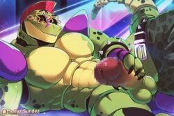 2022 alligator alligatorid animatronic anthro balls biped bottomwear bottomwear_around_one_leg bottomwear_down clothing clothing_around_one_leg colored crocodilian five_nights_at_freddy's five_nights_at_freddy's:_security_breach genitals humanoid_genitalia humanoid_penis machine male montgomery_gator_(fnaf) muscular muscular_anthro muscular_male muscular_thighs pants pants_around_one_leg penis reptile robot scalie scottgames signature sollyz solo steel_wool_studios