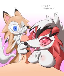 1boy 2016 2girls anthro blue_eyes breasts brown_fur canine claws cum erection eyelashes fangs fellatio female handjob human human_penetrating interspecies licking lycanroc male mammal midday_lycanroc midnight_lycanroc nintendo open_mouth oral pawjob paws penis pink_background pink_sclera pokemon pokemon_sm pokemon_trainer punkydreamer red_eyes red_fur smile straight tail text threesome veins veiny_penis video_games white_fur wince wolf