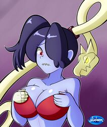 aladeen alternate_breast_size big_breasts blue_skin bra cleavage leviathan_(skullgirls) red_eye skullgirls squigly stitched_mouth tagme zombie