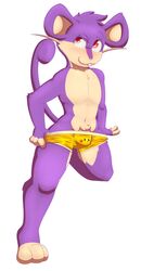 1boy anthro anthrofied boxer_briefs buckteeth bulge clothed clothing front_view furry looking_away male male_only mammal naughty_face navel nintendo no_nipples on_one_leg otto0ttsy paws penis penis_base penis_outline pinup pokemon pose pubic_hair purple_fur rattata red_eyes rodent solo standing tail teeth topless underwear underwear_pull video_games whiskers white_background