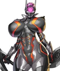 armor breasts breasts_apart brunhild_(taimanin_asagi_battle_arena) cowboy_shot curvy dual_wielding female full_armor holding holding_weapon huge_breasts lilith-soft obui shiny shiny_clothes solo standing taimanin_asagi taimanin_asagi_battle_arena weapon white_background