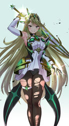 aqua_background arm_up armor armpits attacking_viewer backlighting bangs black_panties blonde_hair blush breasts closed_mouth diffraction_spikes dress elbow_gloves faulds feet_out_of_frame female floating_hair gloves glowing gradient gradient_background headgear holding holding_sword holding_weapon large_breasts legs legs_together long_hair looking_at_viewer mythra_(xenoblade) nintendo ooshima_aki panties sidelocks sleeveless sleeveless_dress smile solo standing sword torn_clothes underwear v-shaped_eyebrows very_long_hair weapon white_dress white_gloves xenoblade_(series) xenoblade_chronicles_2 yellow_eyes