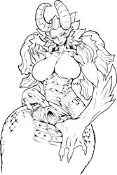 animal_genitalia big_breasts breasts claws cloaca curved_horns featureless_breasts female half-closed_eyes horn lamia nezumi scales simple_background smile solo spread_cloaca spreading webbing white_background wide_hips