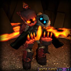 1:1 2019 3d 3d_(artwork) armor big_penis black_skin blue_eyes breasts clothed clothing digital_media_(artwork) duo featureless female gentle_puppet headgear hi_res humanoid lava male orange_eyes penis source_filmmaker spiral_knight spiral_knights text volcanic_setting watermark