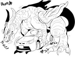 2014 2016 black_and_white car claws dated dragon drooling feral horn japanese_text male male_only masturbation monochrome nekubi object_penetration penile_masturbation penis saliva solo text toe_claws vehicle vehicle_sex wings