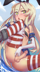 +_+ 1boy :< androgynous blonde_hair censored cloud crossdressing day elbow_gloves eyebrows hair_ornament kantai_collection long_hair looking_at_viewer mosaic_censoring navel nipples open_mouth penis senkou_tobaku shimakaze_(kantai_collection) shiny shiny_clothes shiny_skin skirt sky solo squatting striped striped_legwear testicles thighhighs trap water white_gloves