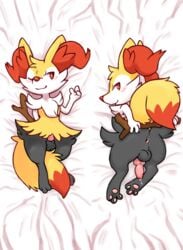 1boy 2016 animal_genitalia animal_penis anus ass black_fur blush braixen canine canine_penis chest_tuft cum cum_on_feet cum_on_self dakimakura erection feet femboy fox fur furry inner_ear_fluff knot looking_at_viewer looking_back male male_only mammal nintendo orange_fur paws penis pokémon_(species) pokemon pokemon_(species) precum red_eyes red_nose shugowah smile solo stick tail testicles tuft video_games white_fur yellow_fur