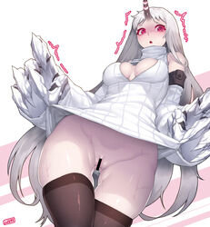 bare_shoulders black_legwear blush breasts censored claws cleavage cleavage_cutout commentary_request detached_sleeves dress dress_lift female from_below highres horn horns jjune kantai_collection large_breasts long_hair looking_at_viewer mittens no_panties open_mouth pale_skin pussy pussy_juice red_eyes ribbed_dress ribbed_sweater seaport_hime shinkaisei-kan short_dress solo sweat sweater sweater_dress thighhighs very_long_hair white_dress white_hair white_skin