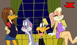 2boys 2girls anthro baby_bump bewildered bugs_bunny bunny cheating_girlfriend cheating_with_friend cross_breeding daffy_duck duck jk lola_bunny looney_tunes multiple_pregnancies open_mouth pregnant pregnant_female seductive_look shocked_expression the_looney_tunes_show tina_russo warner_brothers