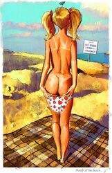 1girls annoyed ass back_view beach bikini bikini_bottom blanket blonde_hair dean_yeagle english_text funny heart_pattern lips looking_away mandy_(dean_yeagle) red_ribbon sign solo standing tanlines topless twintails undressing