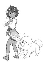 1girls ajna_(indivisible) ass ass_cleavage blush butt_crack canine coppertone dark-skinned_female dark_skin feet female furry holding human indivisible lanshi monochrome open_mouth paws sandals short_hair standing tail tanlines toes tongue undressing white_background