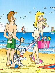 ass assisted_exposure beach bikini bikini_bottom_pull bikini_pull blonde_hair coppertone funny polka_dot_bikini tan_lines