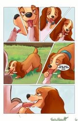 2d animal_genitalia canine collar comic disney female feral full_color lady_(lady_and_the_tramp) lady_and_the_tramp leash licking male mammal oral penis quadruped smuttymutt straight text tongue tongue_out tramp