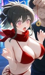 1boy 1girls ai_art ai_generated asuka_(senran_kagura) bikini bikini_bottom bikini_top brown_hair city_background coin dominant_male faceless_male femsub hair_ribbon holed_coin hypnosis hypnotic_eyes hypnotized large_breasts maledom marvelous mesmerized navel pendulum ponytail red_scarf scarf senran_kagura spiral_eyes submissive submissive_female tongue tongue_out white_ribbon