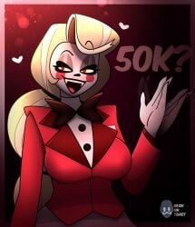 2025 2d 2d_(artwork) 2d_artwork artist_logo artist_name beanontoast big_breasts blonde_hair charlie_morningstar_(hazbin_hotel) demon demon_girl female hazbin_hotel light-skinned_female pointed_teeth red_cheeks red_outfit thick_thighs