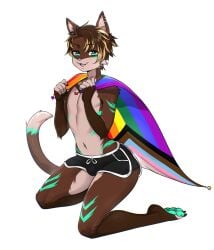 anthro athletic_wear bottomwear brown_body brown_fur clothed clothing dolphin_shorts ear_piercing felid feline femboy flag flag_(object) fur green_eyes green_markings green_pawpads gym_bottomwear gym_shorts holding_flag holding_object hotpants kneeling lgbt_pride male mammal markings navel navel_piercing pawpads piercing pride_color_flag pride_colors progress_pride_colors rainbow_pride_colors shorts smile smiling_at_viewer solo tail topless viskasunyaneil_fluss