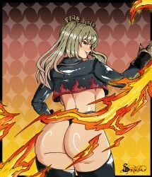 aged_up ass ass_focus big_ass big_thighs burnice_white evil_grin evil_smile fire flame grin hair_ornament hairpin huge_ass jacket lips lipstick panties pyromancer red_eyes shiny_skin short_jacket smirk styxian thick_ass thick_legs thick_thighs thigh_highs thighhighs thighs twintails underboob zenless_zone_zero
