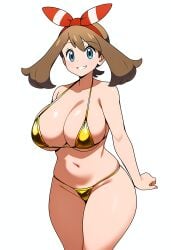 ai_generated anime_style big_breasts bikini bikini_bottom_ bikini_top brown_hair cleavage female flag gamefreak gloves gold_bikini hand_on_hip huge_breasts human large_breasts may_(pokemon) nintendo pokemon pokemon_(anime) smile