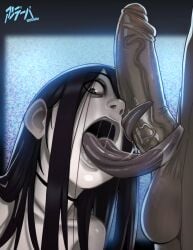 1boy 1girls 2d 2d_(artwork) balls black_hair boner choker dark-skinned_male dark_hair dark_skin erection fellatio female foreskin freaky ghost ghost_girl hair_over_one_eye hi_res highres horror huge_cock interracial light-skinned_female light_skin lilandy long_hair long_tongue male male/female mature_female nightmare_waifu one_eye_covered open_mouth open_mouth oral pale-skinned_female pale_skin penis sadako_yamamura saliva saliva_string saliva_trail scrotum static testicles the_ring tongue tongue_out tongue_wrapped_around_penis uncircumcised uncut veiny_penis yamamura_sadako