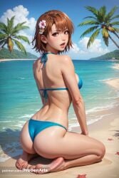 1girls ai_generated artist_name ass back barefoot beach bikini blue_bikini blue_sky breasts brown_eyes brown_hair day feet female flower from_behind full_body hair_flower hair_ornament halterneck hi_res lips looking_at_viewer looking_back medium_breasts misaka_mikoto mole mole_on_arm ocean outdoors palm_tree parted_lips progenarts sand short_hair sitting sky soles solo starfish swimsuit to_aru_kagaku_no_railgun to_aru_majutsu_no_index toes tree water