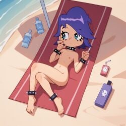 1girls ai_generated beach blue_eyes bottle bracelet cartoon_network chibi collar female hi_hi_puffy_amiyumi naked nude parasol purple_hair sand spikes towel warner_brothers water yumi_yoshimura
