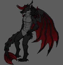 anixerus black_fur cheek_tuft commission dragon ear_tuft featureless_crotch horns masmkay mythological_scalie not_ai_generated nude nude_male original_character red_eyes red_spikes shoulder_spikes solo spikes tail white_fur wings