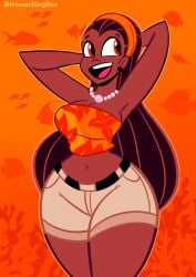 1girls 2025 artist_name ass atomickingboo belt big_ass big_breasts breasts brown_hair brown_hair brown_hair_female brunette_hair clothed clothed_female clothing crop_top dark-skinned_female dark_skin english english_text female female_focus female_only fully_clothed fully_clothed_female hairband hand_behind_own_head hands_behind_head midriff necklace oc original original_character seashell seashell_necklace shaylynn_summer shell_necklace shorts solo solo_female solo_focus text the_besties_(atomickingboo) thick_thighs thighs