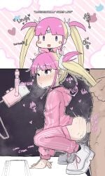 1boy absurdres bandaid bandaid_on_face bandaid_on_forehead blonde_hair clothed_sex doggy_style female grabbing_another's_twintails highres indie_virtual_youtuber jacket kyoresu long_hair pants pill_print pink_hair pink_hood pink_pants pink_track_suit purple_eyes sex squatting straight striped_clothes striped_jacket striped_pants track_suit twintails vertical-striped_clothes vertical-striped_jacket vertical-striped_pants zlix0n