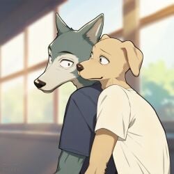 anthro beastars bird_dog canid canine canis close-up clothing digital_drawing_(artwork) digital_media_(artwork) domestic_dog duo embrace furry furry_male furry_only golden_retriever horny_pepega hug hunting_dog jack_(beastars) legoshi_(beastars) looking_at_another male male/male male_focus mammal retriever romantic shaded shirt simple_background t-shirt topwear wolf