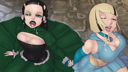 2girls big_breasts black_hair black_lipstick blonde_hair blue_clothing blue_eyes breasts bukkake busty cleavage corset cum cum_in_cleavage cum_in_hair cum_in_mouth cum_inside cum_on_breasts cum_on_face cum_on_hair cum_on_tongue dress eyeliner eyeshadow facial from_above gloves goth green_clothing green_eyeshadow harry_potter holding_hands kneeling lipstick long_gloves looking_at_viewer makeup mascara medium_breasts multiple_girls on_floor one_eye_closed open_mouth original_character skirt skottichan tongue tongue_out two-tone_hair two_tone_hair voluptuous wink witch