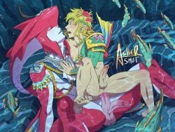 air_bubbles anal ashersmut blonde_hair blonde_hair_male blonde_male blush bubble bubbles clothed cum_in_water curled_toes curling_toes diphallia diphallism elf_ears feet fins fish fish_boy fish_humanoid fish_tail furry gay hand_on_another's_head hand_on_chest humanoid_hands humanoid_penis link link_(breath_of_the_wild) mostly_humanoid_penis nintendo non-human partially_clothed partially_clothed_male penetration pointed_ears pointy_ears precum precum_drip precum_in_ass precum_string precum_trail prince_sidon red_body riding riding_cock riding_penis scales scalie scalie_humanoid scar scars sidon_(zelda) the_legend_of_zelda underwater underwater_sex water wet wet_body wet_clothes wet_skin white_body yaoi