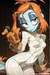 1girls ai_generated bandages big_eyes blue_skin curvy curvy_female curvy_figure female kinkyfuel melancholy_(the_gaslight_district) melancholy_hill orange_gloves orange_hair ponytail red_eyes the_gaslight_district white_bodysuit