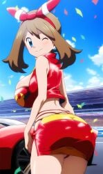 ai_art ai_generated anime_style bandana big_breasts bikini_top brown_hair cleavage female flag gamefreak gloves hand_on_hip huge_breasts human large_breasts may_(pokemon) mayday_(artist) nintendo pokemon pokemon_(anime) race_queen smile