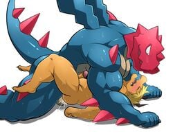 2boys anal anal_sex big_biceps closed_eyes cum cum_inside dragon druddigon erection gay humanoid lying maldu male male_only missionary_position muscular muscular_male nintendo nude on_back orgasm pecs penetration penis pokemon scalie sex simple_background spread_legs spreading sweat testicles video_games white_background