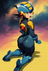 1boy ai_generated ass back back_view big_ass bodysuit curvy curvy_body curvy_hips femboy girly hips huge_ass kneeling looking_at_viewer looking_back male mega_man mega_man_battle_network megaman.exe on_knees thick_thighs twink wide_hips