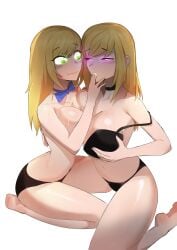 big_ass big_breasts black_bra black_panties blonde_hair bowtie bra breast_squeeze breasts choker feet finger_in_mouth five_nights_at_freddy's five_nights_at_freddy's:_security_breach fnaf glitchtrap_possession glowing_eyes green_eyes kaonicdogmen no_bra panties purple_eyes saliva selfcest symmetrical_docking tagme underwear vanny vanny_(fnaf) white_background yuri